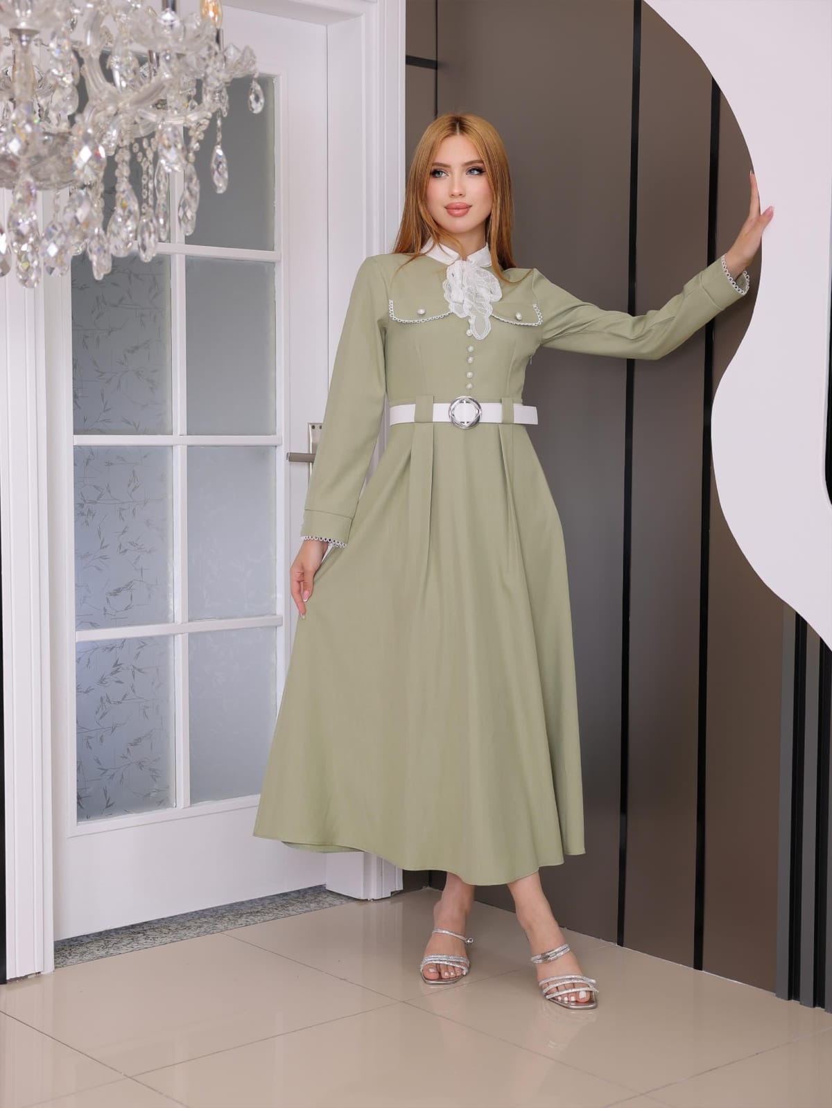 DANTEL FİYONKLU PASTEL YEŞİLİ ELBİSE - Görsel 2
